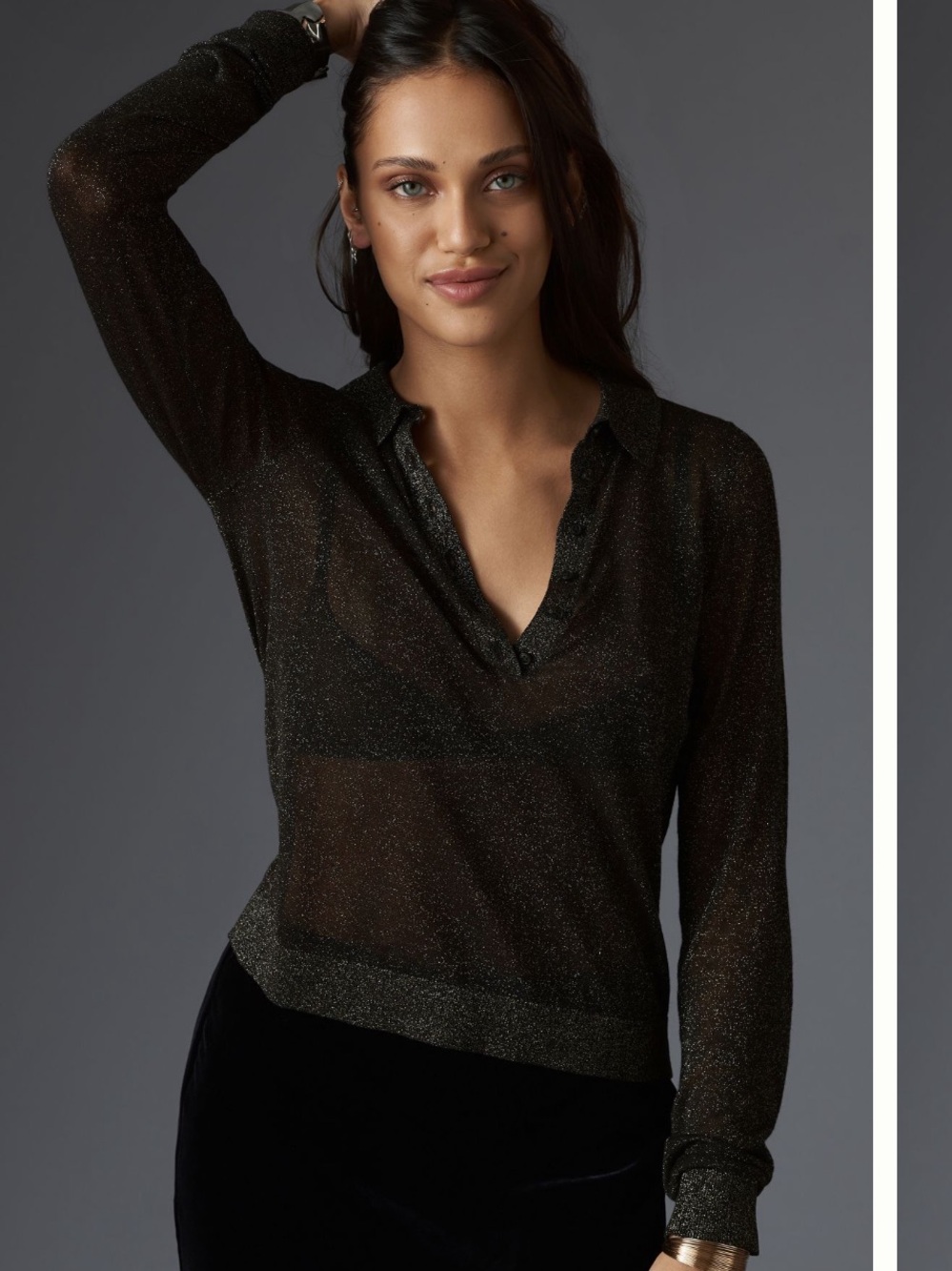 NWOT Anthropologie Maeve Sheer Woven Collar Sweater Metallic Black Size M